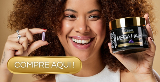 Linha de suplemento alimentar da Belíssima MEGA HAIR que cuida de unhas e cabelos